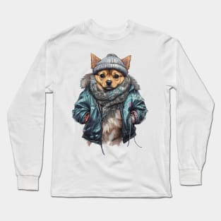 Chihuahua dog wearing a leather jacket and hat Long Sleeve T-Shirt